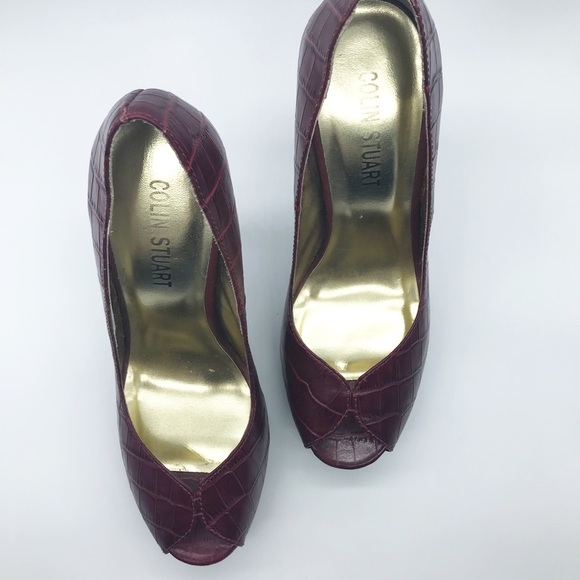 Colin Stuart Red Platform Heels Peep Toe Women 8.5 Leather Reptile Snake Print - Picture 4 of 8